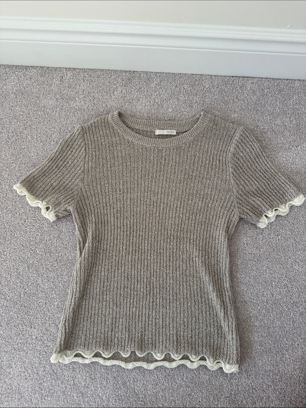 Zara Ribbed Short Sleeve Top with Cream Ruffle Trim - Taupe